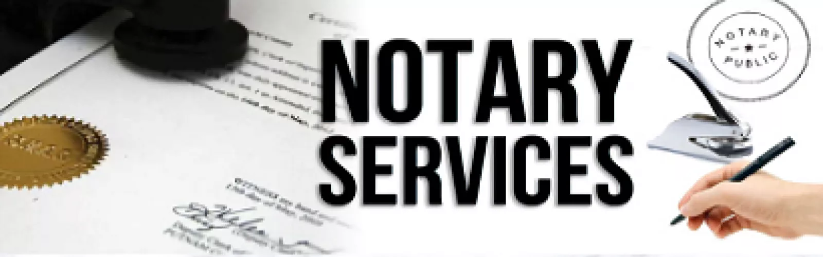 Notary Services. A hand shown writing on an official-looking document.